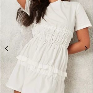 White Ruched Waist Short Sleeve Mini Dress